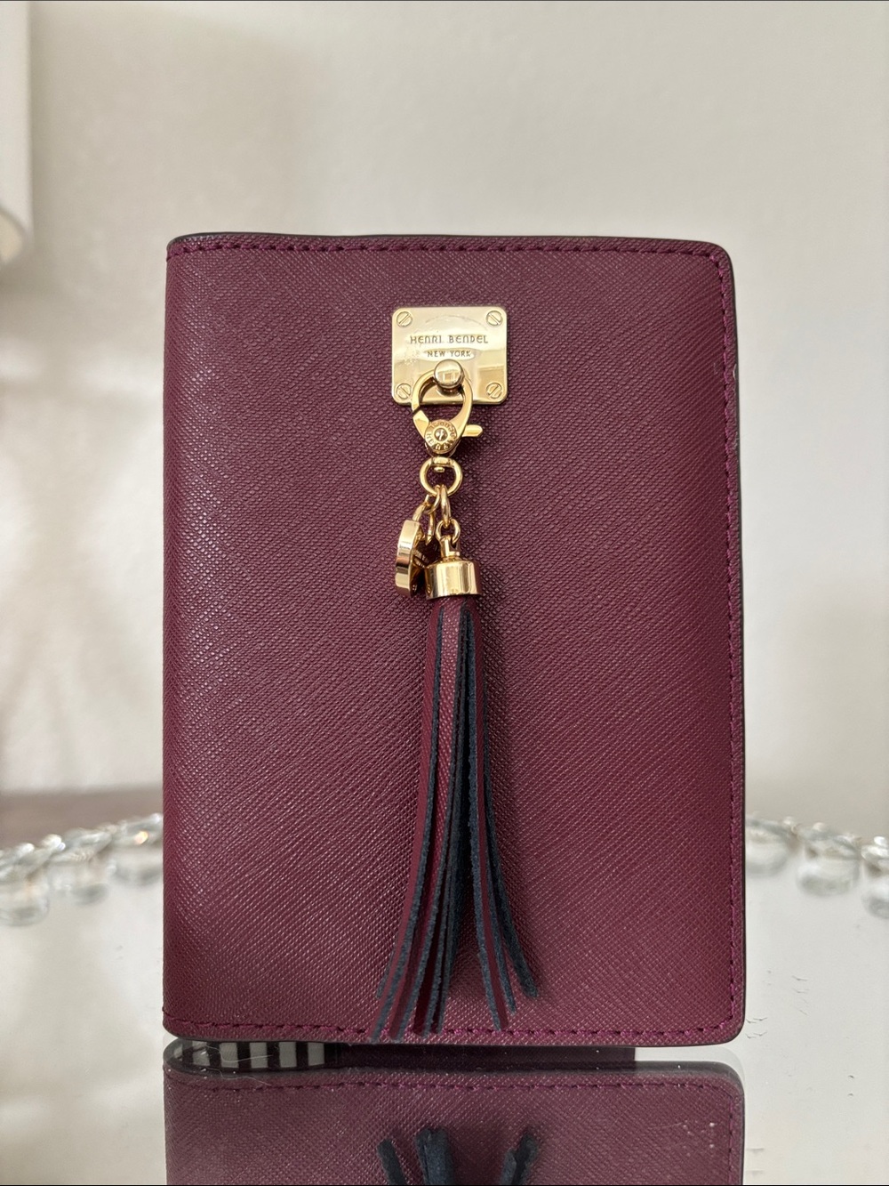 Henri Bendel Burgundy Tassel Leather Passport Wallet